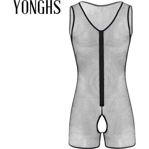 Mens Lingerie Sexy Fishnet Bodysuit See Through Sheer U-neck Crotchless Front Zipper Tank Leotard Bodysuit Jumpsuit Underwear