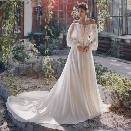 Eightree Off The Shoulder White Wedding Dresses Simple Chiffon Puff Sleeves Bride Dress A-Line Backless Boho Evening Gown Custom