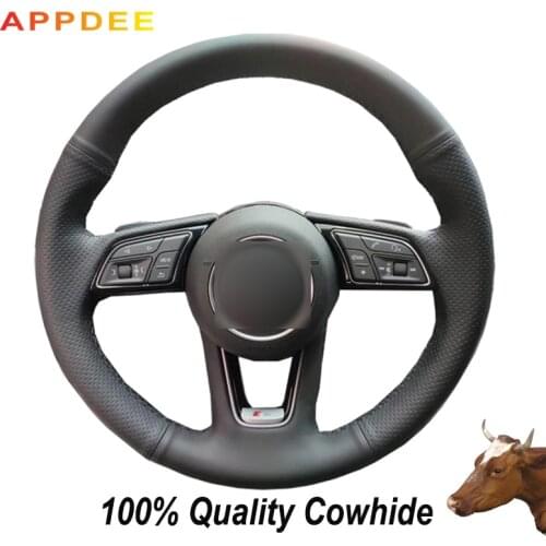 Hand-stitched Black Genuine Leather Steering Wheel Cover for Audi A1 (8X) Sportback A3 (8V) A4 (B9) Avant A5 (F5) Q2