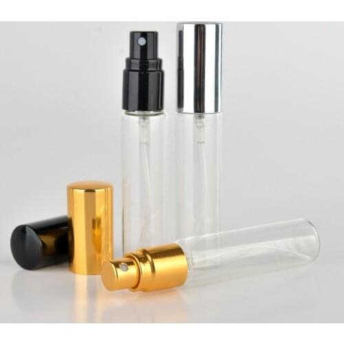 50pcs/lot 10ML Glass Perfume Bottle 10CC Glass Spray Bottle With Gold Silver Black Cap Lid Glass Parfum Sample Packing Vials
