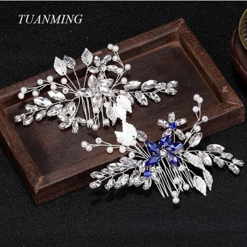 Silver Color Tiara White Blue Crystal Hair Comb Pearl Leaf Headdress Bride Hair Jewelry Wedding Women Hair Accessories Wholesale