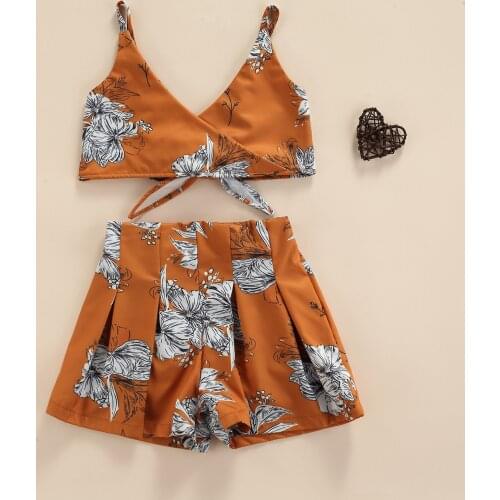 FOCUSNORM 1-6Y Summer Infant Girls Holiday Clothes Sets Flowers Printed Strap Sleeveless Vest Tops Shorts 2pcs