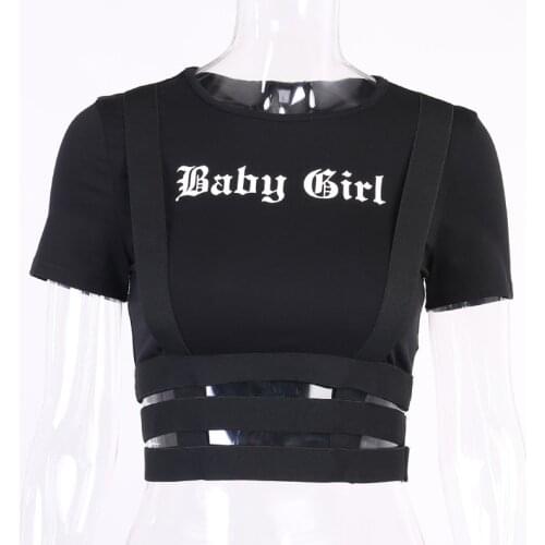 Streetwear 2021 Punk Hollow Out Black T Shirt Harajuku Goth Letter Print Bodycon Short Sleeve Top Women Sexy Basic Crop Tops