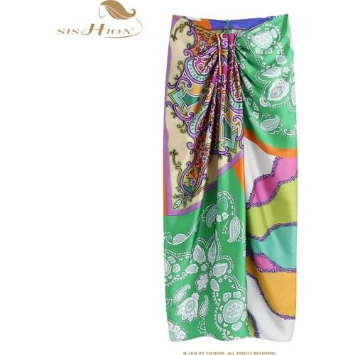 SISHION Women Vintage Cloth Patchwork Floral Print Knotted Sarong Skirt Faldas Mujer Female Back Zipper Vestidos Skirts VD2114