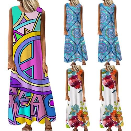 WomenS New Style Dress Fashion Hot Style Casual Sleeveless Round Neck Printing Loose Long Dress Multi-Size платье летнее 50