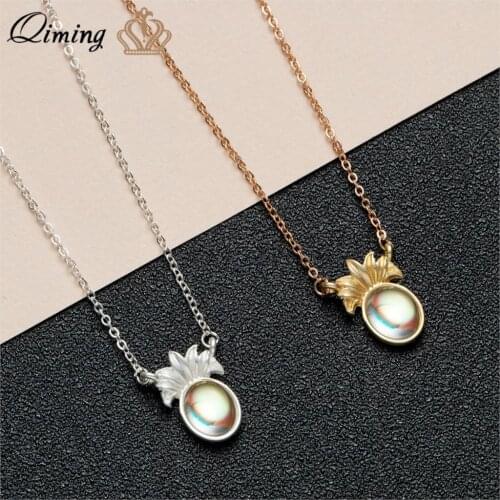 QIMING Moonstone Pineapple Pendant Necklace Women Female Engagement Jewelry Charming Fruit Necklace Gift