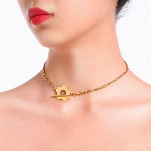 100% Stainless Steel Flower Toggle Necklace For Women Gold/Silver Color Metal Toggle Clasp Necklaces Choker Rolo Chain Kette