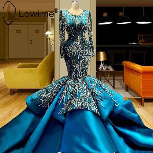 Blue Muslim Long Sleeves Mermaid Evening Dresses 2021 Luxury Major Beading Formal Dress Women Prom Party Gowns