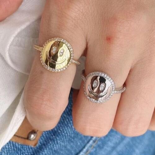 10Pcs 2021 New Design Fashion Gold Plated Pave Crystal Cz Zircon Smiley Smile Face Jewelry Ring For Women