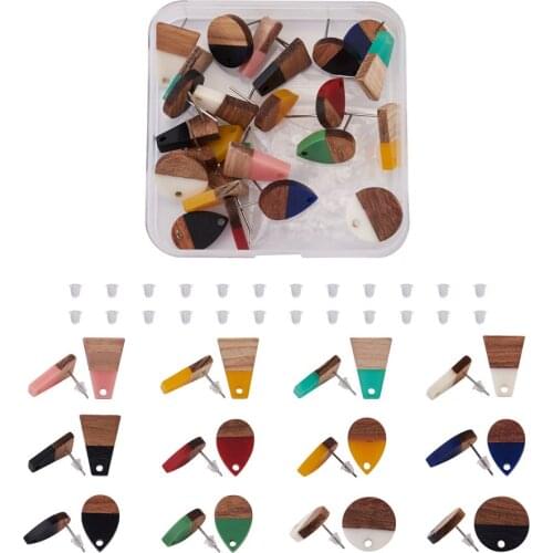 100pcs/Box Mix Shapes Resin &Walnut Wood Stud Earring Jewelry Making Accessories With 304 Stainless Steel Pins Clear Ear Nut