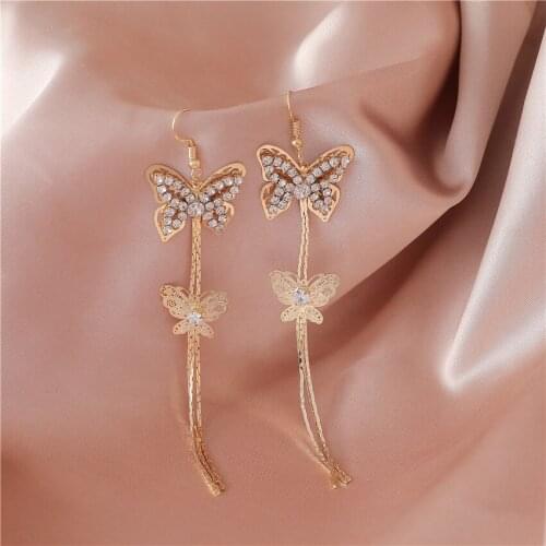 2021 Hollow Butterfly Tassel Drop Earrings Women Temperament Tassel Long Earring Crystal Earrings Wedding Party Jewelry Gifts