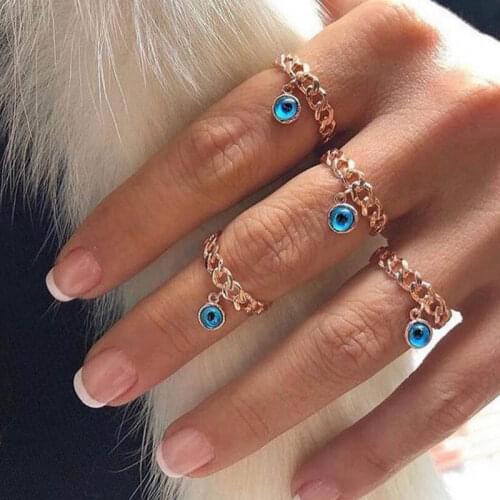 4 Pcs Turkey Blue Eyes Rings for Women Retro Evil Eye Dangle Anillo Men Punk Gold Chain Circle Ring Set Girl Amulet Jewelry Gift