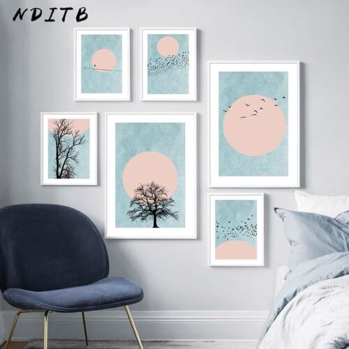 Abstract Canvas Painting Tree Bird Sunset Artwork Poster and Print Nordic Wall Art Picture Modern Scandinavian Home Decoration