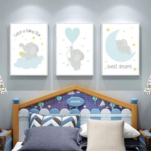 Diamond Painting Blue Cute Elephant Star Baby Nursery Wall Art Painting Children Picture Nordic Kids Baby Room Decoration