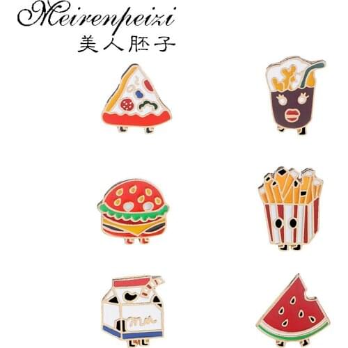 Junk Food Clothing Brooches Pins Milk Hamburger Chocolate Drink Milk Fries Watermelon Enamel Pins Party Badge Jewelry