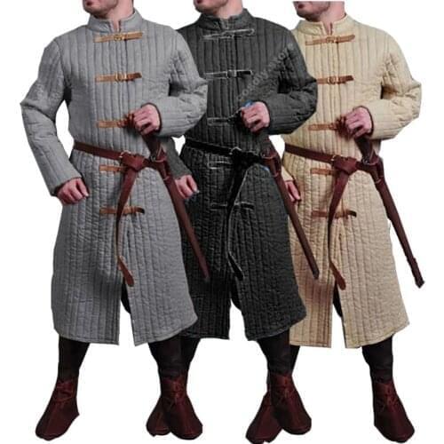 Men Leather Armor Trench Aketon Outfit Coat for Adult Medieval Gambeson Strap Jacket Larp Viking Warrior Knights Costume Double