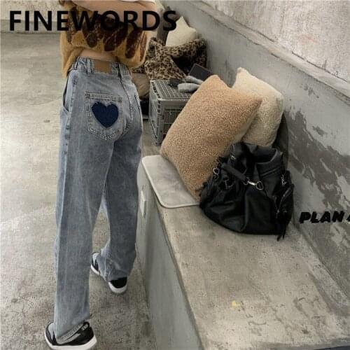 FINEWORDS Back Pocket Heart Vintage Jeans Streetwear Korean Coolest Straight Jeans Women High Waist Casual Loose Wide Leg Jean