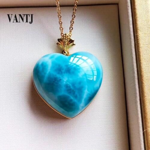 VANTJ 10K Yellow Gold Pendant Elegant Natural Blue Larimar Fine Jewelry Necklace for Women Lady Party Wedding Gift whit Box