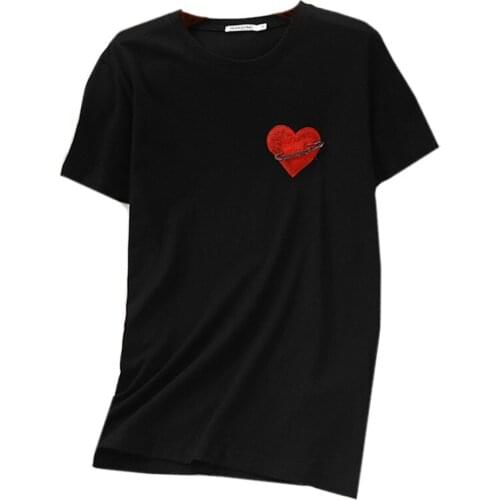 Who Wears Who Beautiful Cotton Tops Embroidery Stirs Girls Heart Harajuku Long T Shirt Women Summer Black Tees