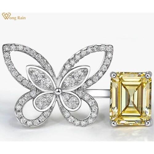 Wong Rain 925 Sterling Silver Emerald Cut Created Moissanite Gemstone Wedding Engagement Butterfly Ring Fine Jewelry Wholesale