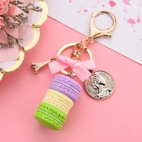 Macaron dessert Resin Biscuit Keychains Lovely Tower Charms Key Chains Pink Bow Metal Keyring Car Key Ring Fashion Jewelry Gifts