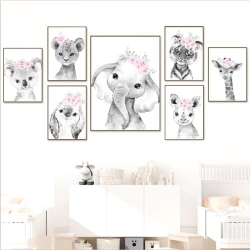 Lovely Cute Cartoon Animal Koala Rabbit Pink Flower Decorative Canvas Painting Wall Poster For Kids Children Teen Room Decor