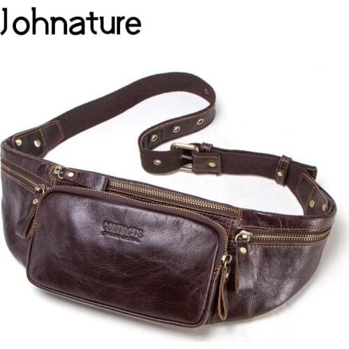 Johnature Genuine Leather Men Waist Packs Nature Soft Cowhide Outdoor Sport Leisure Chest Bags Fashion Man Crossbody Bags