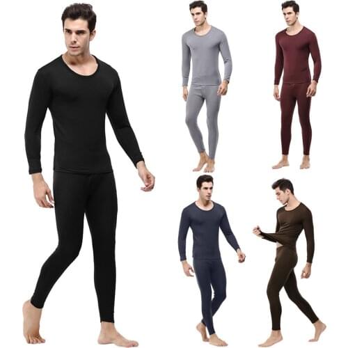 Mens Winter Thermal Suit Circular Collar Pure Color Cashmere Underwear Set