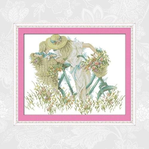 Mother and daughter with bike Cross Stitch Pattern Printed Canvas Cross Stitch Kits DIY Handmade Embroidery Sets Needlework