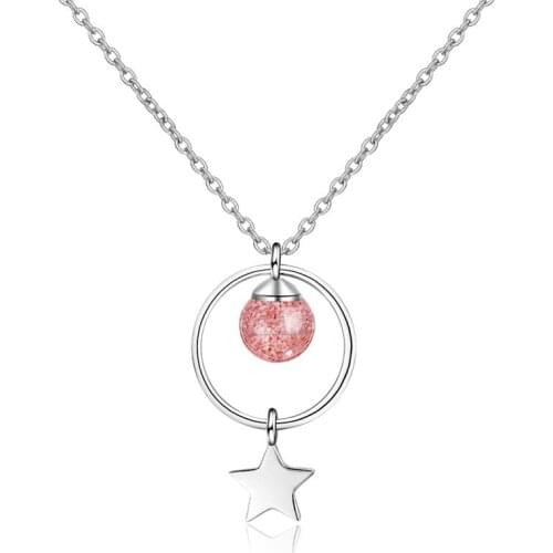 New Arrival Strawberry Crystal Pink Star Pendant Necklace For Women Jewelry Fashion 925 Silver Girl Clavicle Necklace Lady Bijou