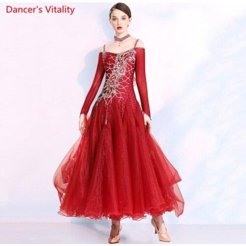 Modern Dance Dress Sling Mesh Long Skirt Performance Clothes Female Ballroom Waltz Dancing High-end Diamond Competition Clothing