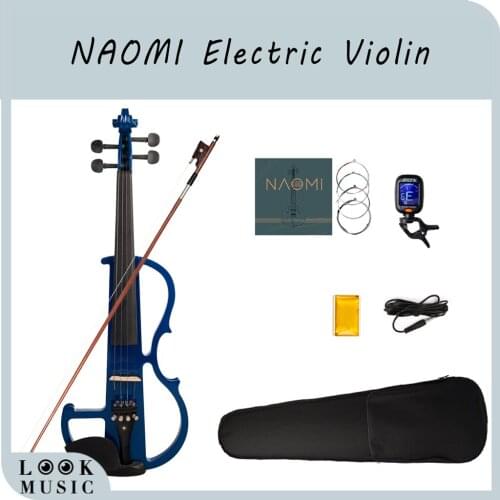 NAOMI Full Size 4/4 Silent Electric Violin Solid Wood Maple With Bow Hard Case Rosin Headphone Strings Tuner Cable New Blue