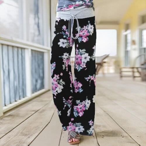 2020 New Womens Loose Pants Floral Print Drawstring Casual Wide Leg Pants Home Workout Long Pants Summer Sweatpants Plus Size