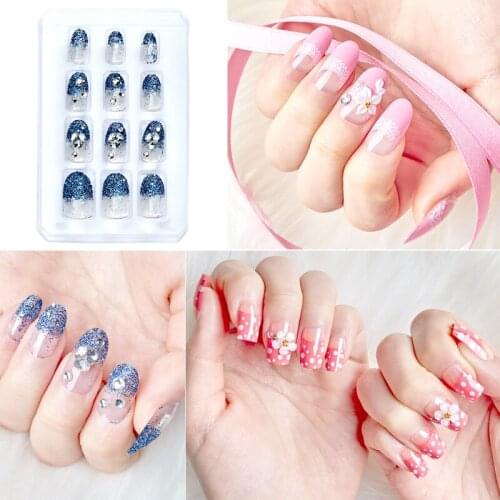 Luxury Fake Nails Medium Long Ombre French Jewelry Pre-designed Nails Natural Stiletto AB Stones Decoration Tips