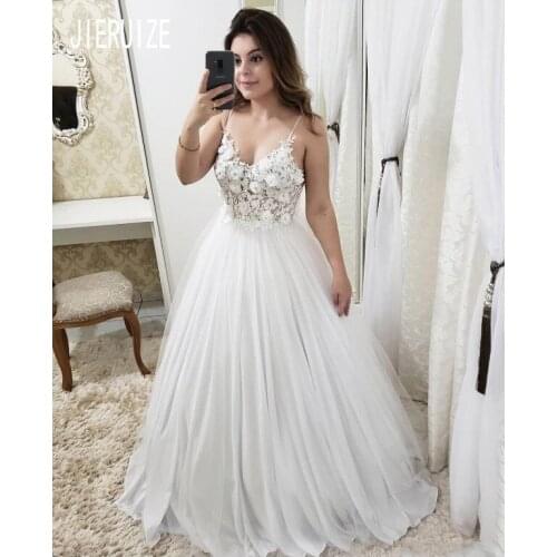 JIERUIZE Sexy Flowers Wedding Dresses 3D-Floral Appliques Illusion Bodice Spaghetti Strap Beach Bridal Gowns robe de mariee