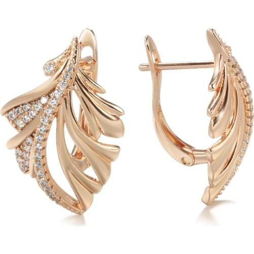 Kinel New 585 Rose Gold Leaf Earrings for Women Micro-wax Inlay Natural Zircon Flower Earrings Luxury Bridal Wedding Jewelry