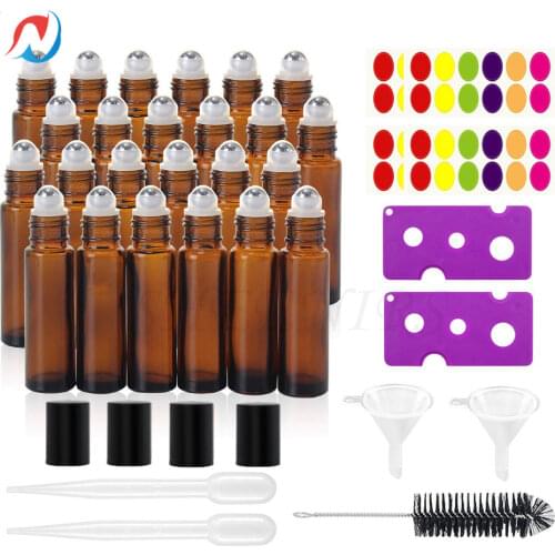 Sheenirs 30pcs 10ml Empty Amber Glass Roller Bottles with metal roller balls and black cap Essential Oils Stainless Steel Ball
