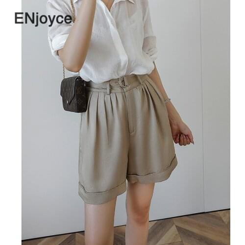 Vintage Khaki High Waist Suit Shorts with Belt Women Wide Leg Mid-Length Pants Office Ladies Casual Straight Shorts Summer