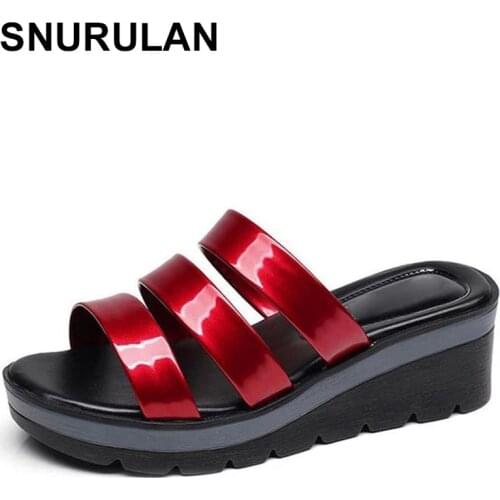 SNURULAN Quality Patent Leather Wedges Slides Women Shoes Summer 2021 Elegant Platform Slippers Woman Plus Size 41 42 43