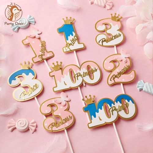 Noble Crown butterfly Frame Number 100days 1st 2 3 Pink Blue Cake Topper Dessert Decoration for Birthday Party Lovely Gifts