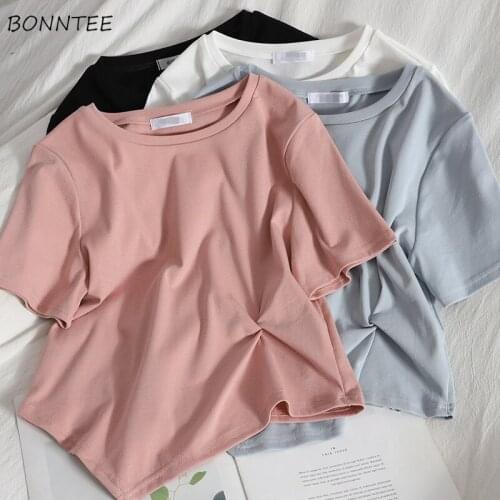 T-shirts Women 5 Colors Pure Simple All-match Irregular Trendy Chic Students Young Sweet High-street O-neck Tees Female Summer
