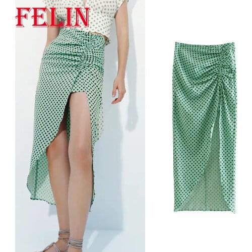 Za 2021 Women Chic Green Dot Print Pleated Midi Dress Front Split High Waist Sexy Skirts Stylish Mujer Faldas