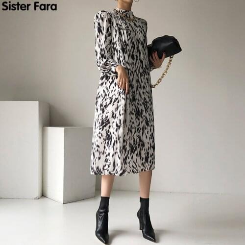 Sister Fara New Spring 2021 Print Dress Women O-Neck Long Sleeve Elegant Ankle-Length Dress Office Lady Lace-up Printed Dress