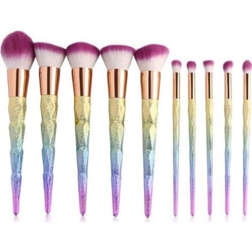 10Pcs Diamond Mermaid Kabuki Rainbow Handle Makeup Brushes Set Eye Shadow Foundation Powder Eyeliner Eyelash Lip Make Up Brush