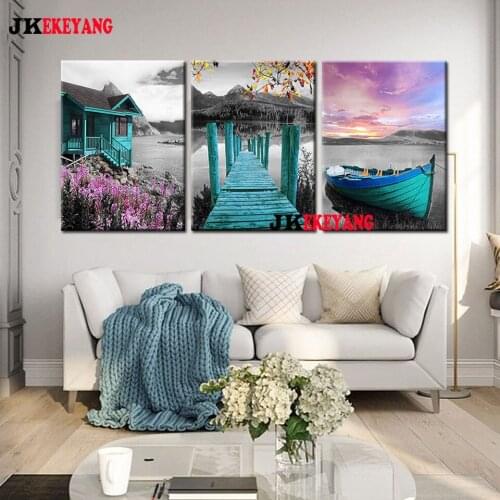 3pcs 5D Diy round/square diamond painting Chalet river boat Diamond Mosaic Embroidery cross stitch Y4203