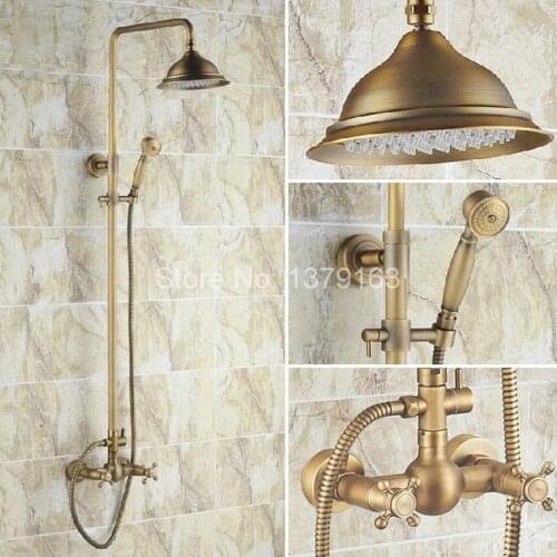 Antique Brass Dual Cross Handles Rain Bathroom Shower Faucet Set + Telephone Style Hand Shower ars109