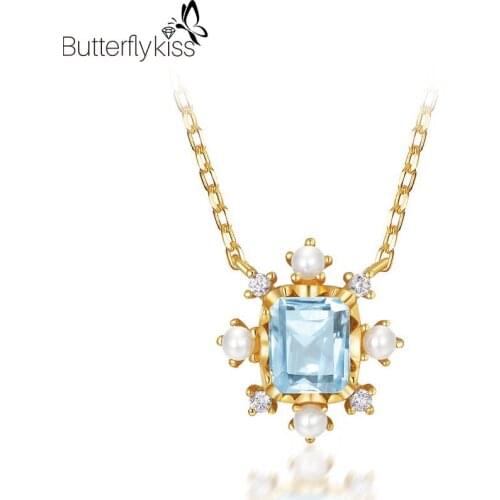BK 925 Sterling Silver Pendants Necklace For Women Vintage Natural Sky Blue Topaz Gem Snowflake Fine Jewelry Wedding Lady Gifts