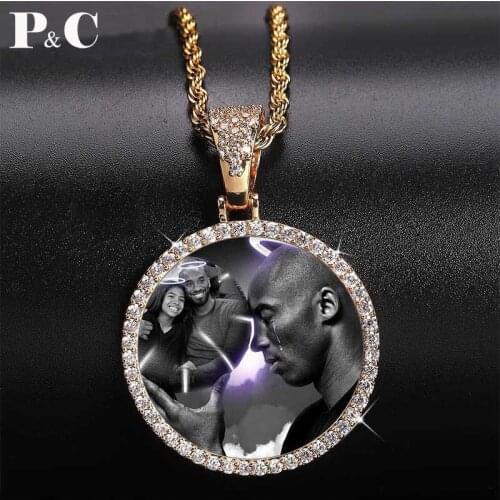 Big circle Custom Photo Memory Medallions Necklace & Pendant 4mm Tennis Chain Cubic Zircon Mens Hip hop Personalized Jewelry