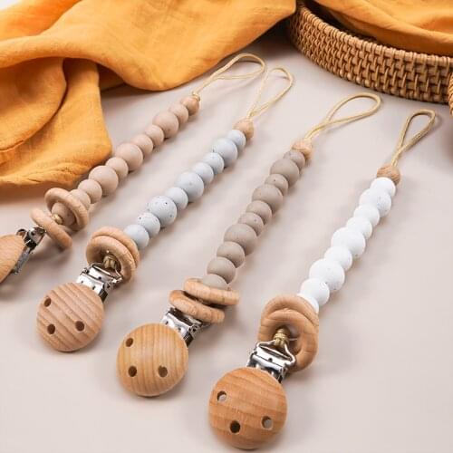 Baby Silicone Wooden Ring Pacifier Chain Suitable For Crib Frame Decoration Pendant With Wooden Metal Pacifier Clip