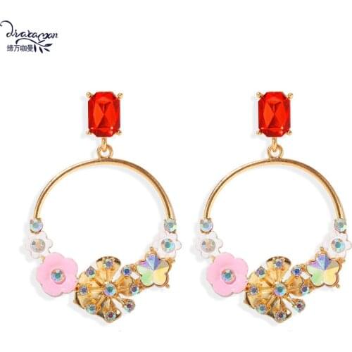 Dvacaman Korean Flower Statement Earrings Geometric Round Circle Metal Drop Earrings Crystal Jewelry Wholesale Accessories Gifts